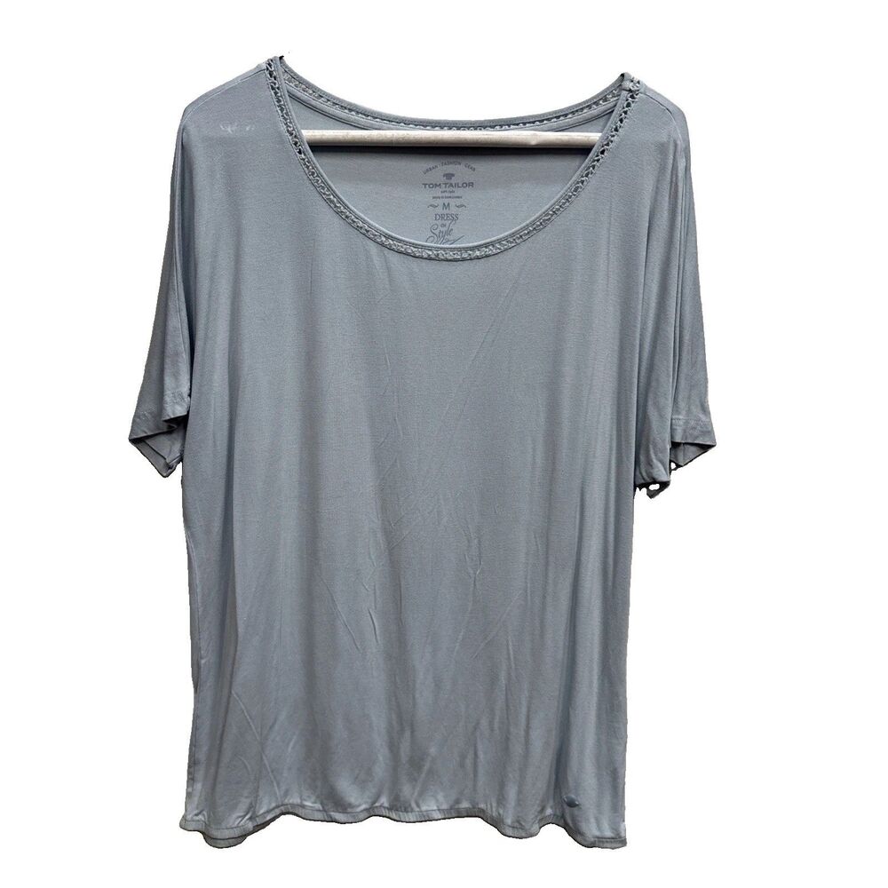 Tom Tailor Shirt Women M Short Sleeve Blue Stretch Pullover Short Sleeve Logo